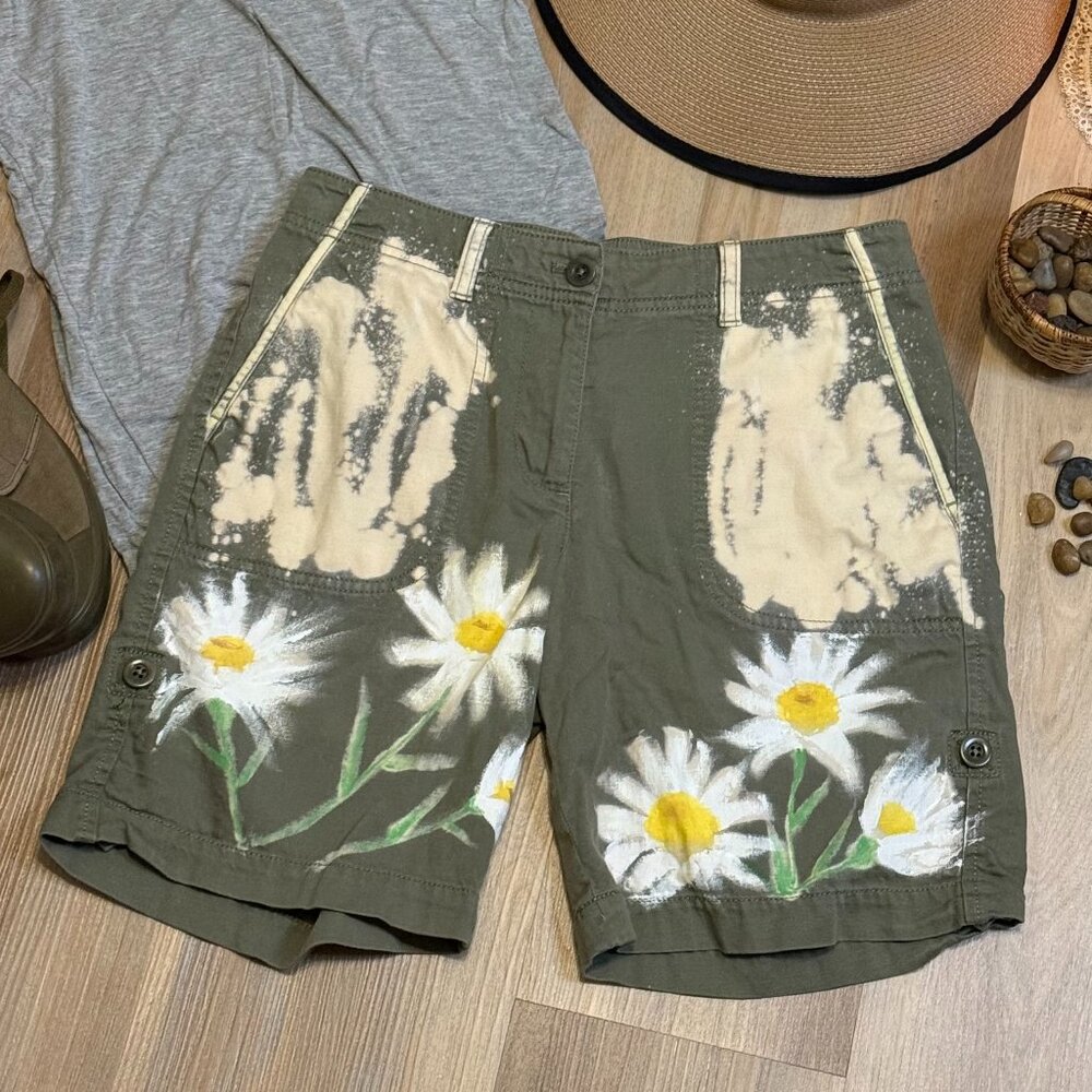 Hand-Painted Daisy Shorts, Upcycled Linen Shorts with Bleach Art Floral Design